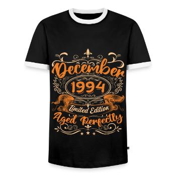 December 1994 | Limited Edition - Men's Ringer Shirt - black/white - Front - AI Model Female 172 light (172cm) & AI Model Male 178 light (178cm)