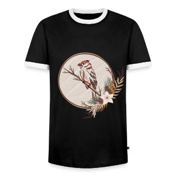 Oiseau Winter reposant sur une branche, à l’intérieur d’un Wreat - T-shirt contrasté Homme - noir/blanc - Devant - AI Model Female 172 light (172cm) & AI Model Male 178 light (178cm)