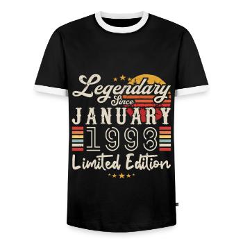 Legendary since January 1998 Limited Edition - Men's Ringer Shirt - black/white - Front - AI Model Female 172 light (172cm) & AI Model Male 178 light (178cm)