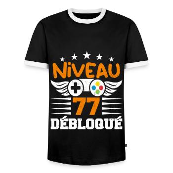 Niveau 77 débloqué - idée cadeau anniversaire - T-shirt contrasté Homme - noir/blanc - Devant - AI Model Female 172 light (172cm) & AI Model Male 178 light (178cm)