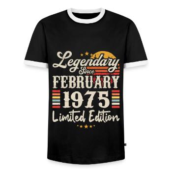 Legendary Since February 1975 | Limited Edition - Men's Ringer Shirt - black/white - Front - AI Model Female 172 light (172cm) & AI Model Male 178 light (178cm)