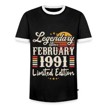 Legendär seit Februar 1991 | Limitierte Auflage - Männer Kontrast-T-Shirt - Schwarz/Weiß - Vorne - AI Model Female 172 light (172cm) & AI Model Male 178 light (178cm)