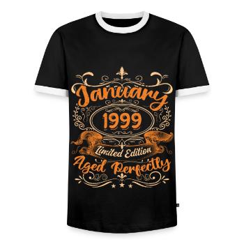 Januar 1999 | Perfekt gealtert | Limitierte Auflage - Männer Kontrast-T-Shirt - Schwarz/Weiß - Vorne - AI Model Female 172 light (172cm) & AI Model Male 178 light (178cm)