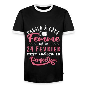 Anniversaire Femme - Né le 24 Février - T-shirt contrasté Homme - noir/blanc - Devant - AI Model Female 172 light (172cm) & AI Model Male 178 light (178cm)