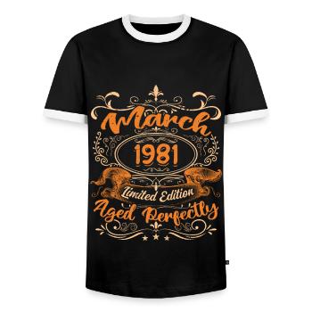 März 1981 | Perfekt gealtert - Männer Kontrast-T-Shirt - Schwarz/Weiß - Vorne - AI Model Female 172 light (172cm) & AI Model Male 178 light (178cm)