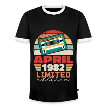 April 1982 Vintage Anniversary Retro Gift, 1982 - Men's Ringer Shirt - black/white - Front - AI Model Female 172 light (172cm) & AI Model Male 178 light (178cm)