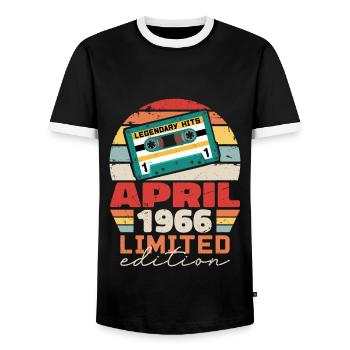 April 1966 Vintage Anniversary Retro Gift, 1966 - Men's Ringer Shirt - black/white - Front - AI Model Female 172 light (172cm) & AI Model Male 178 light (178cm)