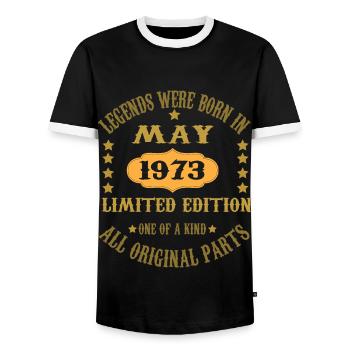 Les légendes sont nées en mai 1973 - T-shirt contrasté Homme - noir/blanc - Devant - AI Model Female 172 light (172cm) & AI Model Male 178 light (178cm)