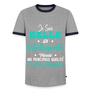 Belle Intelligente et Modeste - T-shirt contrasté Homme - gris/marine  - Devant - AI Model Female 172 light (172cm) & AI Model Male 178 light (178cm)