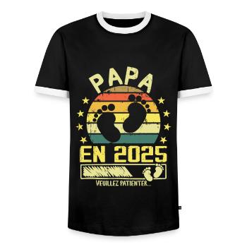 Papa en 2025 Veuillez Patienter Cadeau Futur Père - T-shirt contrasté Homme - noir/blanc - Devant - AI Model Female 172 light (172cm) & AI Model Male 178 light (178cm)