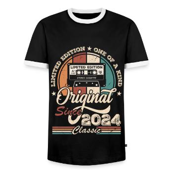 Original Retro Birthday Gift for Born in 2024 - Men's Ringer Shirt - black/white - Front - AI Model Female 172 light (172cm) & AI Model Male 178 light (178cm)