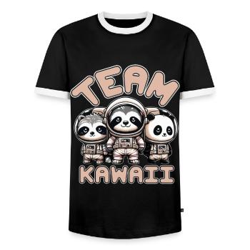 TEAM KAWAII-ASTRONAUTEN: PANDA, WASCHBÄR UND FAULTIER - Männer Kontrast-T-Shirt - Schwarz/Weiß - Vorne - AI Model Female 172 light (172cm) & AI Model Male 178 light (178cm)