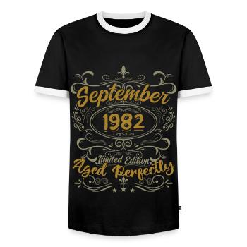 Legends September 1982 | Gift September 1982 - Men's Ringer Shirt - black/white - Front - AI Model Female 172 light (172cm) & AI Model Male 178 light (178cm)