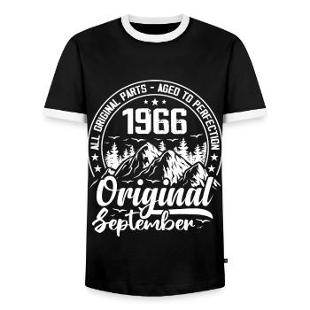 September 1966 Original: 58 Jahre Geburtstagsgeschenk - Männer Kontrast-T-Shirt - Schwarz/Weiß - Vorne - AI Model Female 172 light (172cm) & AI Model Male 178 light (178cm)