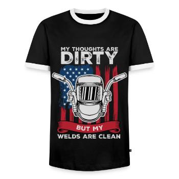 my thoughts are dirty but my welder are clean - Men's Ringer Shirt - black/white - Front - AI Model Female 172 light (172cm) & AI Model Male 178 light (178cm)