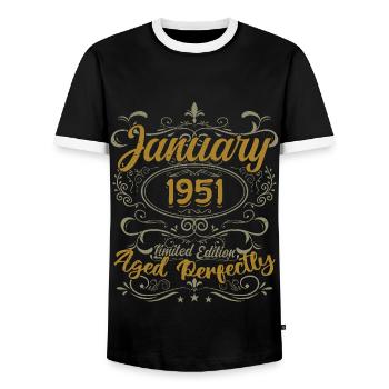 January Birthday Gift Born In January 1951 - Men's Ringer Shirt - black/white - Front - AI Model Female 172 light (172cm) & AI Model Male 178 light (178cm)