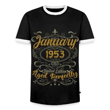 January Birthday Gift Born In January 1953 - Men's Ringer Shirt - black/white - Front - AI Model Female 172 light (172cm) & AI Model Male 178 light (178cm)
