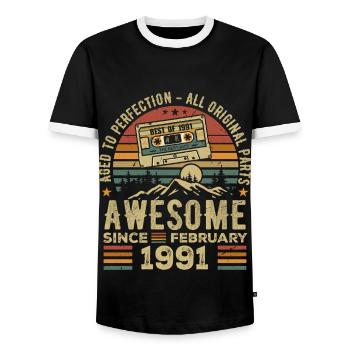 Février 1991 Rétro 1991 Anniversaire Février 1991 - T-shirt contrasté Homme - noir/blanc - Devant - AI Model Female 172 light (172cm) & AI Model Male 178 light (178cm)