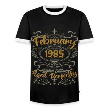 Gift idea February 1985 birthday February 1985 - Men's Ringer Shirt - black/white - Front - AI Model Female 172 light (172cm) & AI Model Male 178 light (178cm)