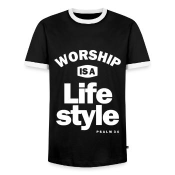 Worship Is A Lifestyle | Christian Design - Männer Kontrast-T-Shirt - Schwarz/Weiß - Vorne - AI Model Female 172 light (172cm) & AI Model Male 178 light (178cm)