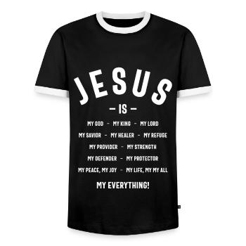 Jésus est mon tout mon tout mon Dieu Seigneur Sauveur - T-shirt contrasté Homme - noir/blanc - Devant - AI Model Female 172 light (172cm) & AI Model Male 178 light (178cm)