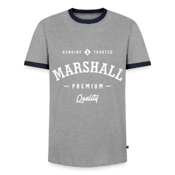 Mens Marshall Original Funny Personalized Name - Men's Ringer Shirt - grey/navy  - Front - AI Model Female 172 light (172cm) & AI Model Male 178 light (178cm)