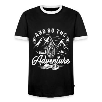 And So The Adventure Begins Camper Hiker - Men's Ringer Shirt - black/white - Front - AI Model Female 172 light (172cm) & AI Model Male 178 light (178cm)