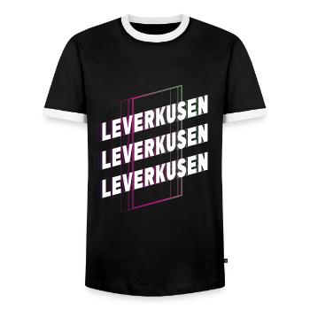 Leverkusen Germany City Font Skyline - Men's Ringer Shirt - black/white - Front - AI Model Female 172 light (172cm) & AI Model Male 178 light (178cm)