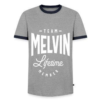 Melvin Personalized Name - Men's Ringer Shirt - grey/navy  - Front - AI Model Female 172 light (172cm) & AI Model Male 178 light (178cm)