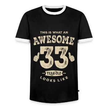 Funny 33rd Birthday Age 33 Years Old - Men's Ringer Shirt - black/white - Front - AI Model Female 172 light (172cm) & AI Model Male 178 light (178cm)