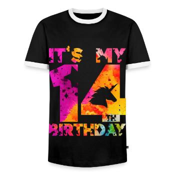 14TH BIRTHDAY UNICORN IT'S MY 14TH BIRTHDAY - Men's Ringer Shirt - black/white - Front - AI Model Female 172 light (172cm) & AI Model Male 178 light (178cm)