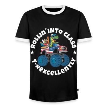 Trex Einschulung - Männer Kontrast-T-Shirt - Schwarz/Weiß - Vorne - AI Model Female 172 light (172cm) & AI Model Male 178 light (178cm)