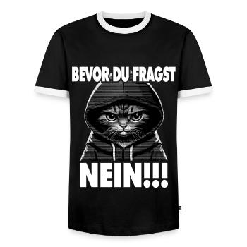 Spruch Lustig Katze Bevor du fragst NEIN! - Männer Kontrast-T-Shirt - Schwarz/Weiß - Vorne - AI Model Female 172 light (172cm) & AI Model Male 178 light (178cm)