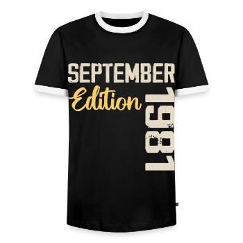 September 1981 - 43rd Anniversary September 1981 - Men's Ringer Shirt - black/white - Front - AI Model Female 172 light (172cm) & AI Model Male 178 light (178cm)