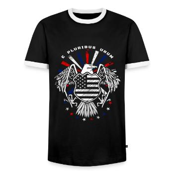 E Pluribus Unum with US flag and eagle - Men's Ringer Shirt - black/white - Front - AI Model Female 172 light (172cm) & AI Model Male 178 light (178cm)