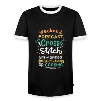 Weekend Forecast Cross Stitch - Men's Ringer Shirt - black/white - Front - AI Model Female 172 light (172cm) & AI Model Male 178 light (178cm)