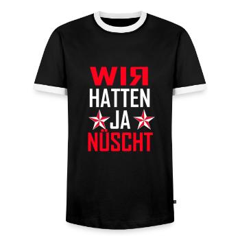 wir hatten ja nüscht - Männer Kontrast-T-Shirt - Schwarz/Weiß - Vorne - AI Model Female 172 light (172cm) & AI Model Male 178 light (178cm)