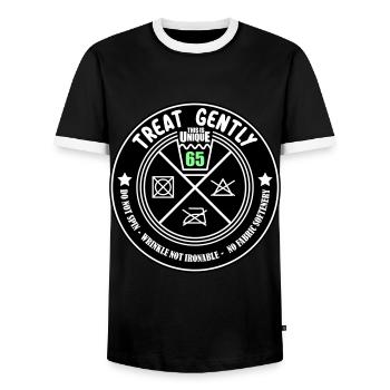 Schonend behandeln Unikat ist 65 | Farben änderbar - Männer Kontrast-T-Shirt - Schwarz/Weiß - Vorne - AI Model Female 172 light (172cm) & AI Model Male 178 light (178cm)
