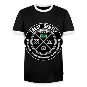 Schonend behandeln Unikat ist 55 | Farben änderbar - Männer Kontrast-T-Shirt - Schwarz/Weiß - Vorne - AI Model Female 172 light (172cm) & AI Model Male 178 light (178cm)