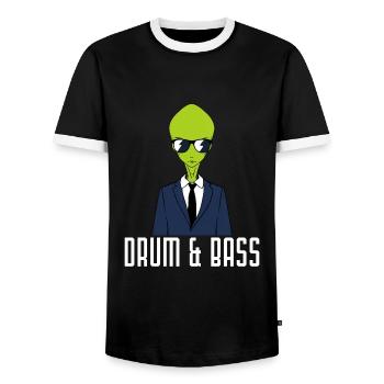 Drumming Shirt For Drummers "Drum & Bass Alien" - Männer Kontrast-T-Shirt - Schwarz/Weiß - Vorne - AI Model Female 172 light (172cm) & AI Model Male 178 light (178cm)