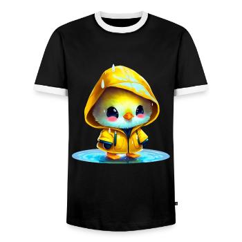 Raincoat wearing chick in puddle - Men's Ringer Shirt - black/white - Front - AI Model Female 172 light (172cm) & AI Model Male 178 light (178cm)