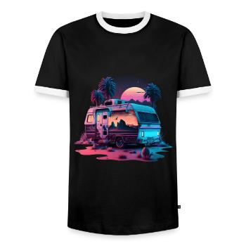 Camping-car Extérieur nature sauvage Retro Design - T-shirt contrasté Homme - noir/blanc - Devant - AI Model Female 172 light (172cm) & AI Model Male 178 light (178cm)