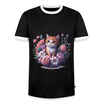 Katze Blumen - Männer Kontrast-T-Shirt - Schwarz/Weiß - Vorne - AI Model Female 172 light (172cm) & AI Model Male 178 light (178cm)