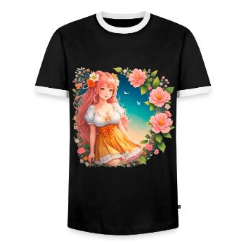 Anime Manga Kpop Girl in Garden - Männer Kontrast-T-Shirt - Schwarz/Weiß - Vorne - AI Model Female 172 light (172cm) & AI Model Male 178 light (178cm)