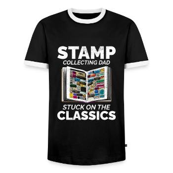 Vintage Postage Stamp Collector Dad Philatelist - Men's Ringer Shirt - black/white - Front - AI Model Female 172 light (172cm) & AI Model Male 178 light (178cm)