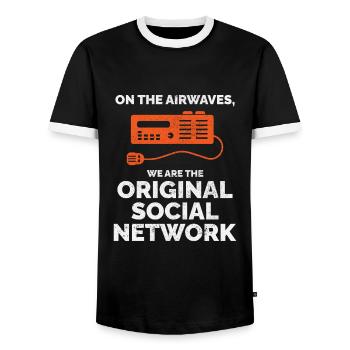 Amateur Ham Radio Operator Original Social Network - Men's Ringer Shirt - black/white - Front - AI Model Female 172 light (172cm) & AI Model Male 178 light (178cm)
