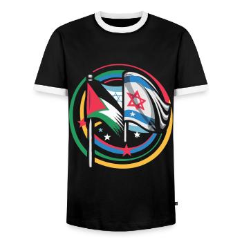 Unity for Peace Flags of Israel Palestine - Men's Ringer Shirt - black/white - Front - AI Model Female 172 light (172cm) & AI Model Male 178 light (178cm)