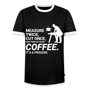 Kaffeepausen-Weisheit: Holzfäller-Zimmermann Lustig - Männer Kontrast-T-Shirt - Schwarz/Weiß - Vorne - AI Model Female 172 light (172cm) & AI Model Male 178 light (178cm)