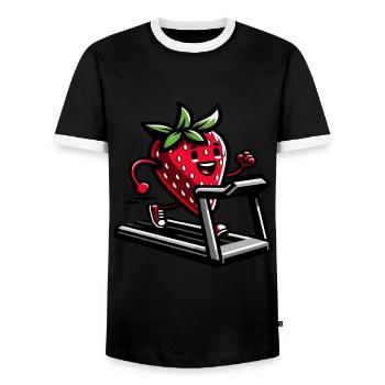 Eine Erdbeere auf einem Laufband - Männer Kontrast-T-Shirt - Schwarz/Weiß - Vorne - AI Model Female 172 light (172cm) & AI Model Male 178 light (178cm)