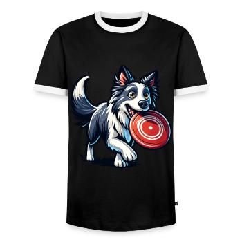 Un border collie joue joyeusement avec un frisbee - T-shirt contrasté Homme - noir/blanc - Devant - AI Model Female 172 light (172cm) & AI Model Male 178 light (178cm)
